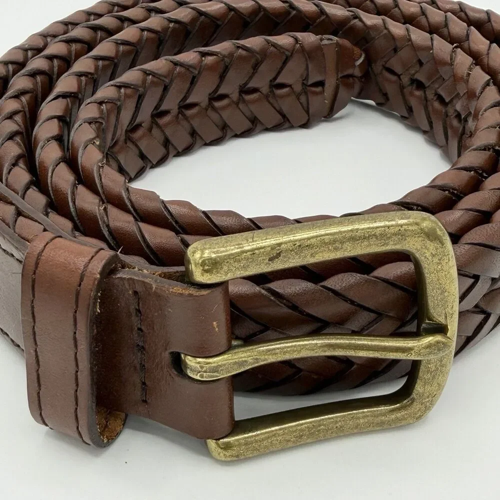 L.L. Bean Men's Brown Woven Braided Leather Belt With Brass Buckle Size 40